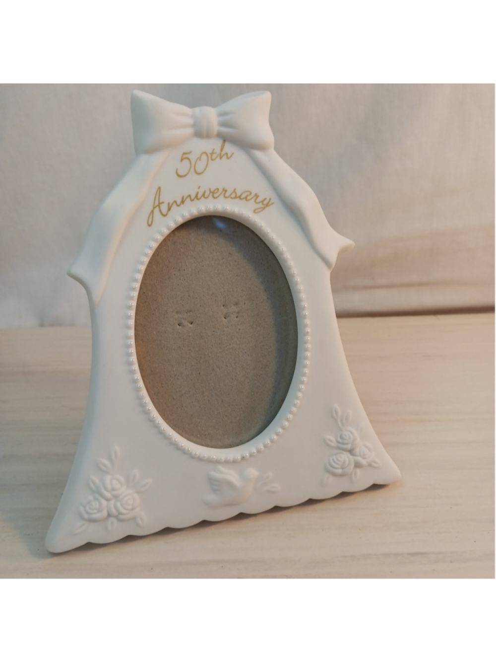 Vtg Russ White Lace & Promises Porcelain 50th Anniversary Bell Frame